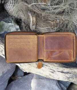 mens large leather zip around wallet in tan vintage style leather showing card slots and coin pocket