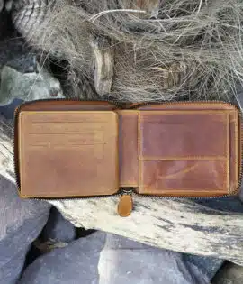 mens large leather zip around wallet in tan vintage style leather showing card slots and coin pocket