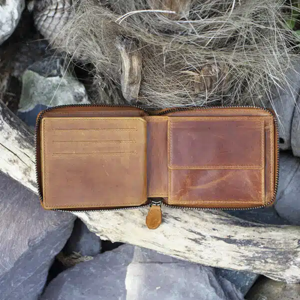 mens large leather zip around wallet in tan vintage style leather showing card slots and coin pocket