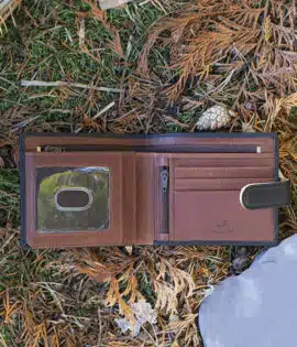 brown leather wallet on a grass and leaf background