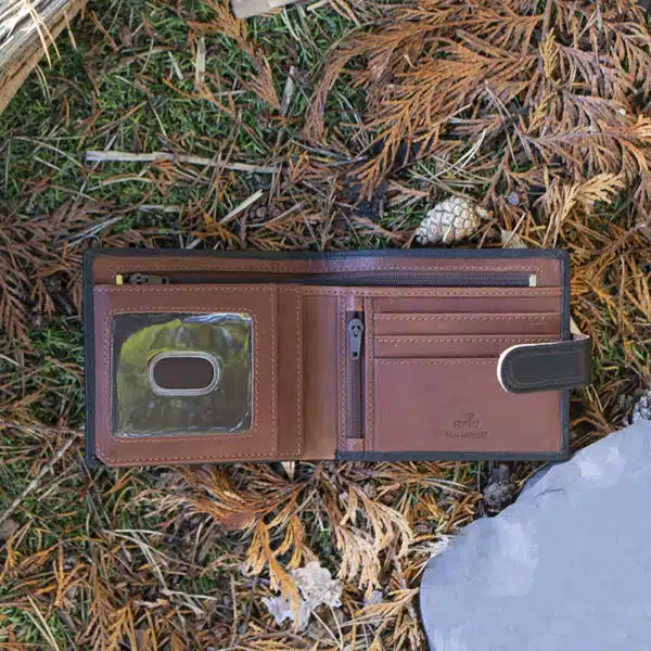 brown leather wallet on a grass and leaf background