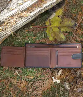 brown leather wallet on a grass and leaf background