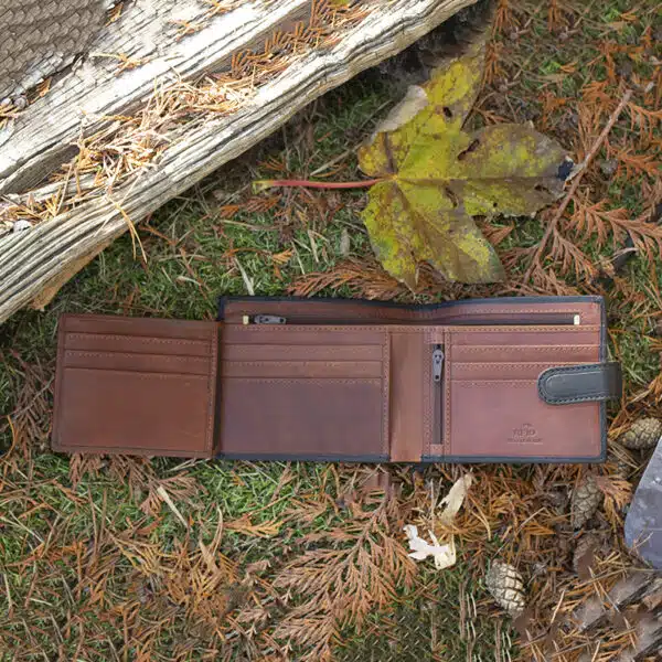 brown leather wallet on a grass and leaf background