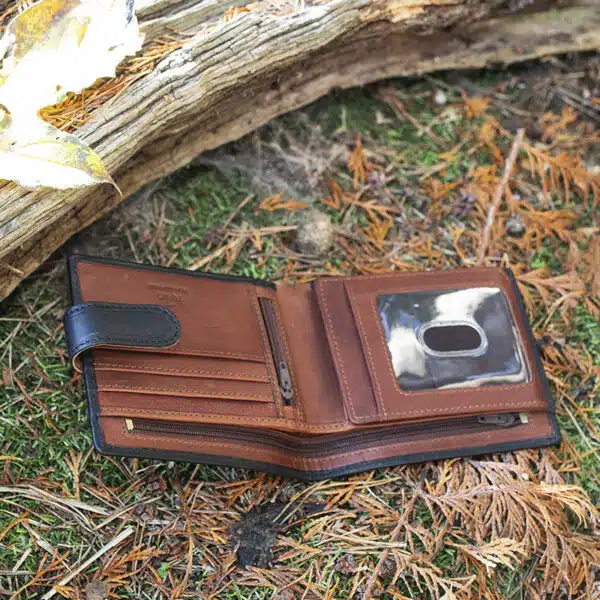 brown leather wallet on a grass and leaf background