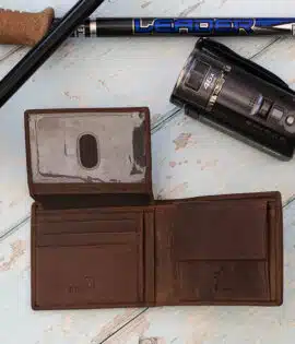 mens rugged leather brown wallet open showing flip up design