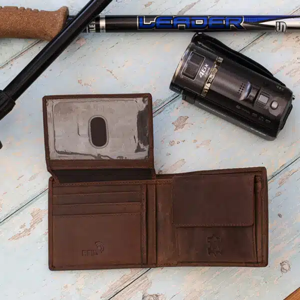 mens rugged leather brown wallet open showing flip up design