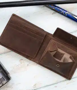 mens rugged leather brown wallet open showing internal coin pocket with a popper