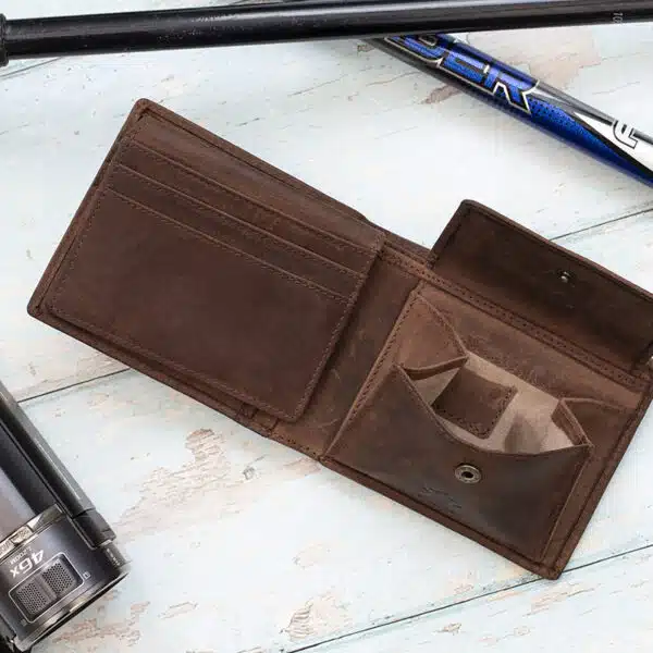 mens rugged leather brown wallet open showing internal coin pocket with a popper