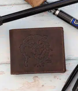 Rugged mens brown leather wallet with a picture of a bear on the front