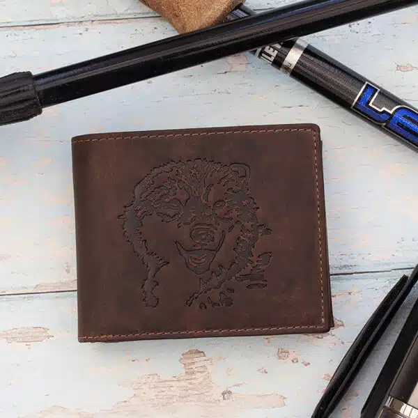 Rugged mens brown leather wallet with a picture of a bear on the front