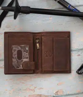 mens rugged leather brown wallet open showing internal coin pocket and id window sections