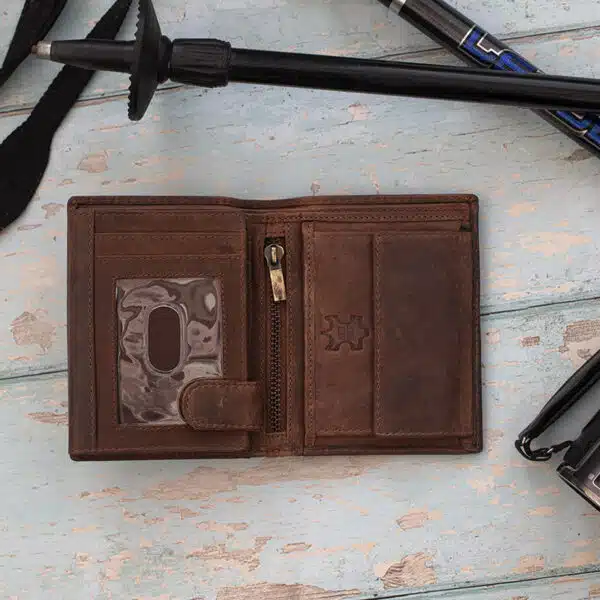 mens rugged leather brown wallet open showing internal coin pocket and id window sections