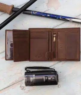 mens rugged leather brown wallet open showing internal coin pocket with a card sections