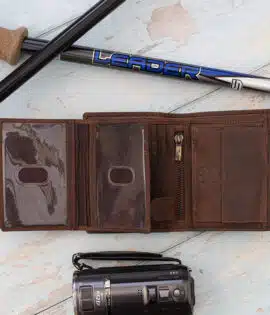 mens rugged leather brown wallet open showing internal coin pocket with a card sections