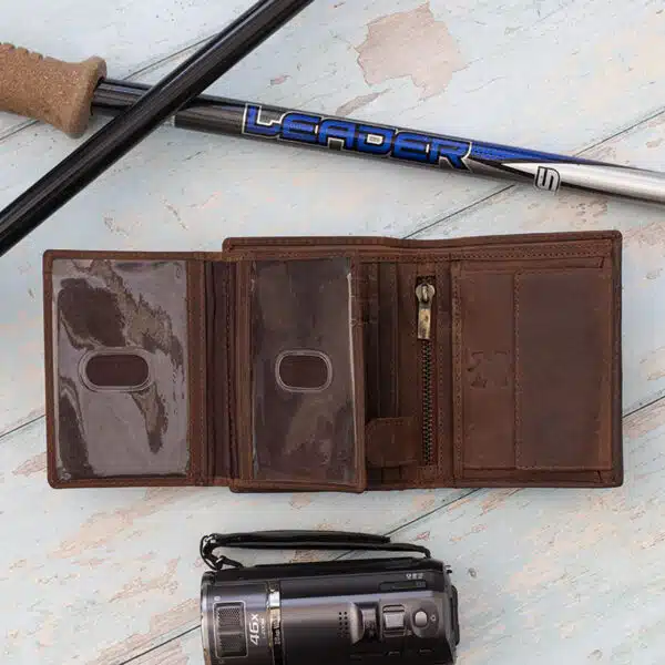 mens rugged leather brown wallet open showing internal coin pocket with a card sections