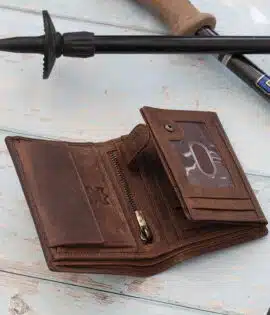 mens rugged leather brown wallet open showing internal coin pocket with a card sections and note pockets