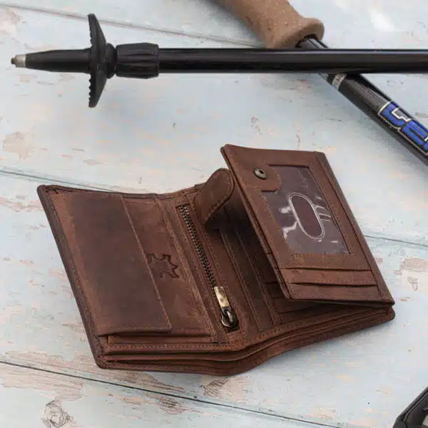 mens rugged leather brown wallet open showing internal coin pocket with a card sections and note pockets