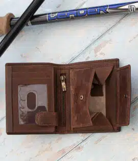 mens rugged leather brown wallet open showing internal coin pocket with a card sections