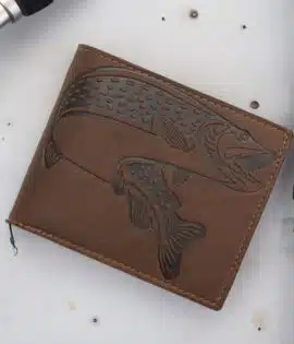 mens rugged leather brown wallet with embossed fish design on the front