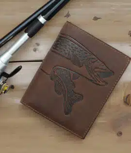 mens rugged leather brown wallet with embossed fish design on the front