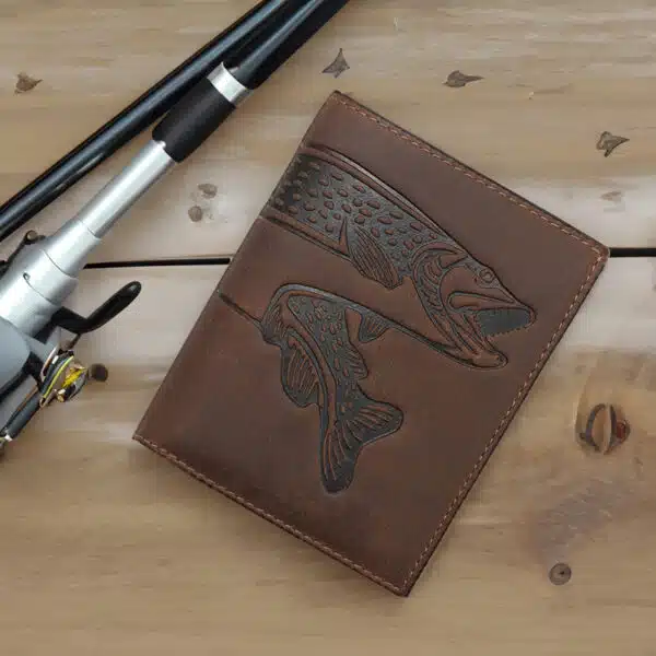 mens rugged leather brown wallet with embossed fish design on the front