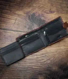 brown leather wallet with a black leather inner in luxury cosw hise leather by wombat