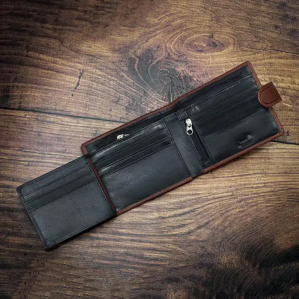 brown leather wallet with a black leather inner in luxury cosw hise leather by wombat