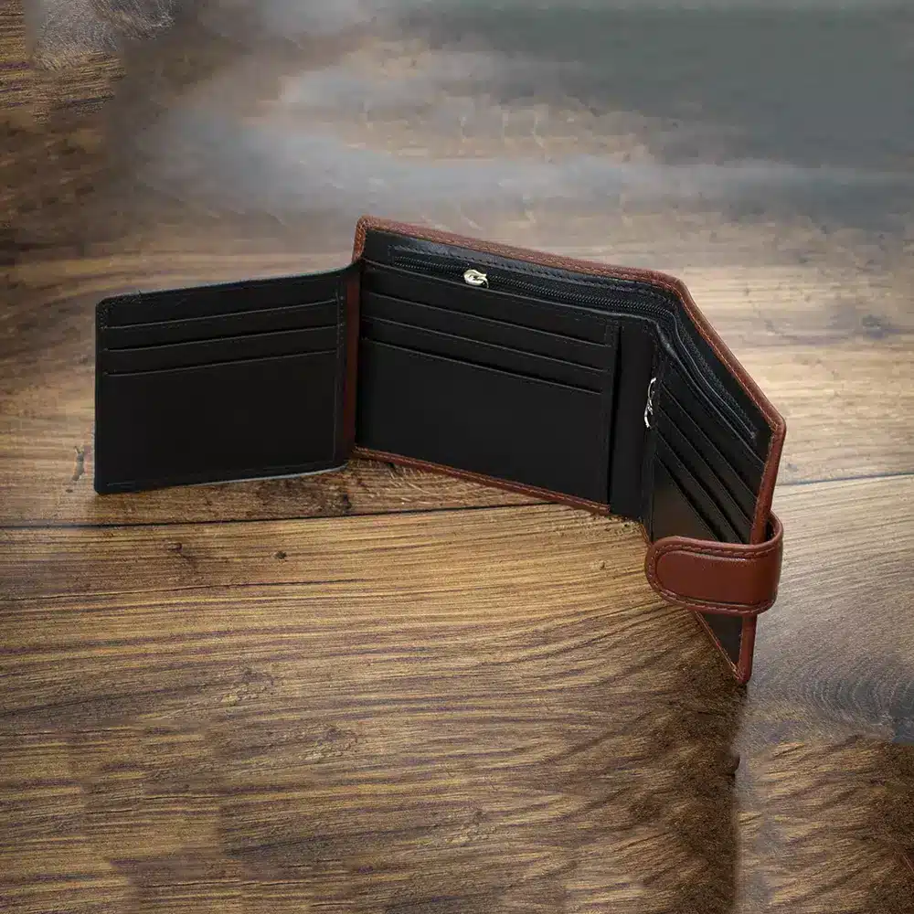 brown leather wallet with a black leather inner in luxury cosw hise leather by wombat