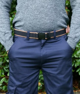 man wearing a black fabric belt stretch belt