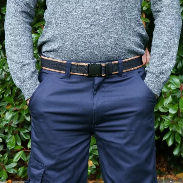 man wearing a black fabric belt stretch belt