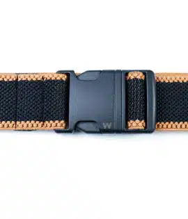 mens fabric belt in black showing the buckle design