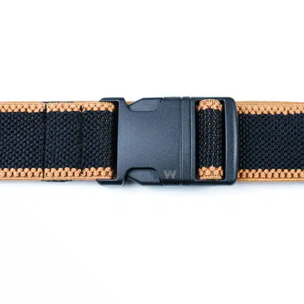 mens fabric belt in black showing the buckle design