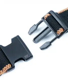 mens fabric belt in black showing both sides of the buckle when open