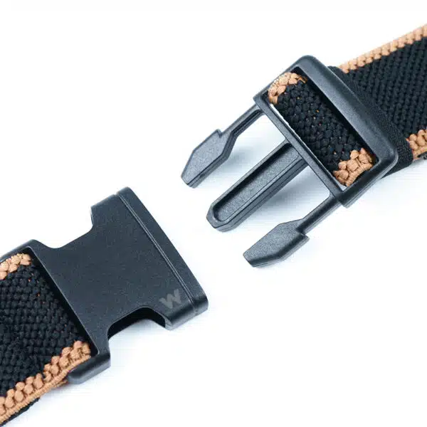 mens fabric belt in black showing both sides of the buckle when open