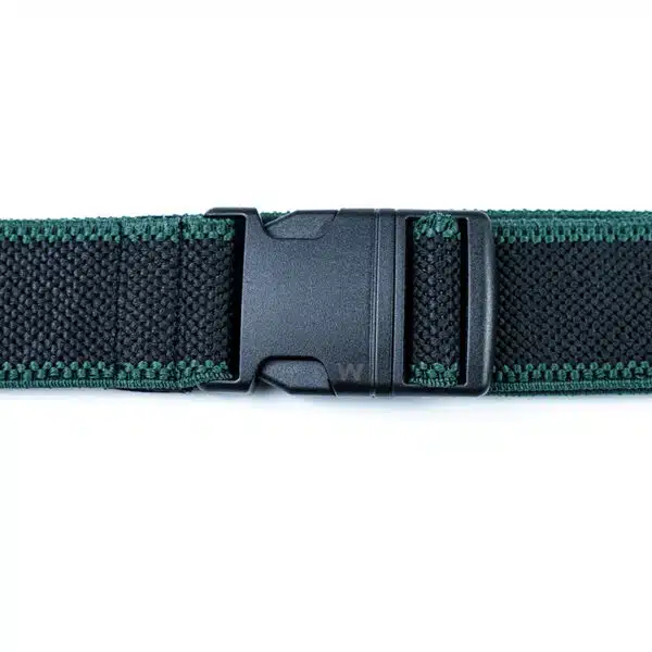 mens fabric belt in black showing the buckle design