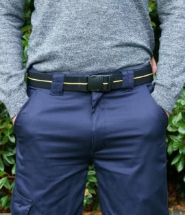 man wearing a black fabric belt stretch belt