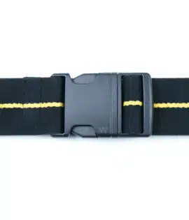 mens fabric belt in black showing the buckle design