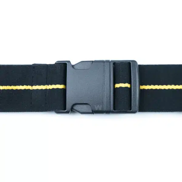 mens fabric belt in black showing the buckle design