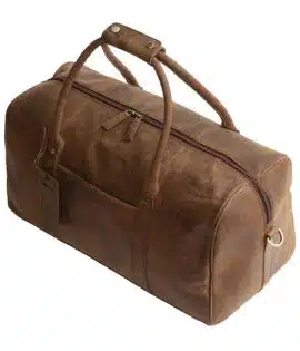 image of a brown hunter leather duffle holdall side view