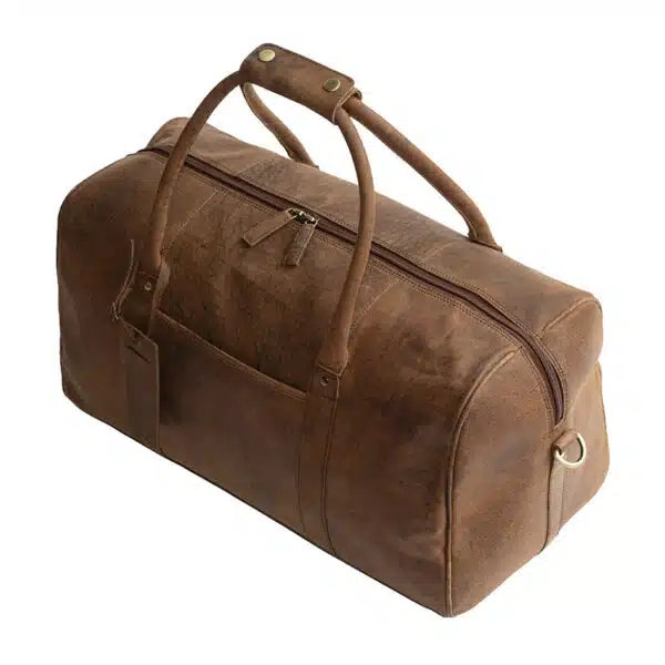 image of a brown hunter leather duffle holdall side view