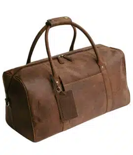 image of a brown hunter leather duffle holdall front view