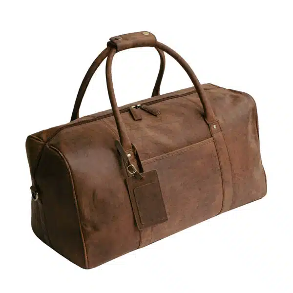 image of a brown hunter leather duffle holdall front view