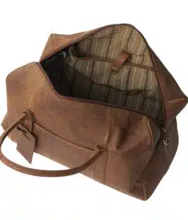 Brown hunter leather travel holdall inside view of padded large pocket