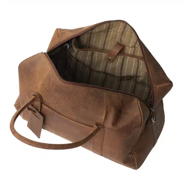 Brown hunter leather travel holdall inside view of padded large pocket