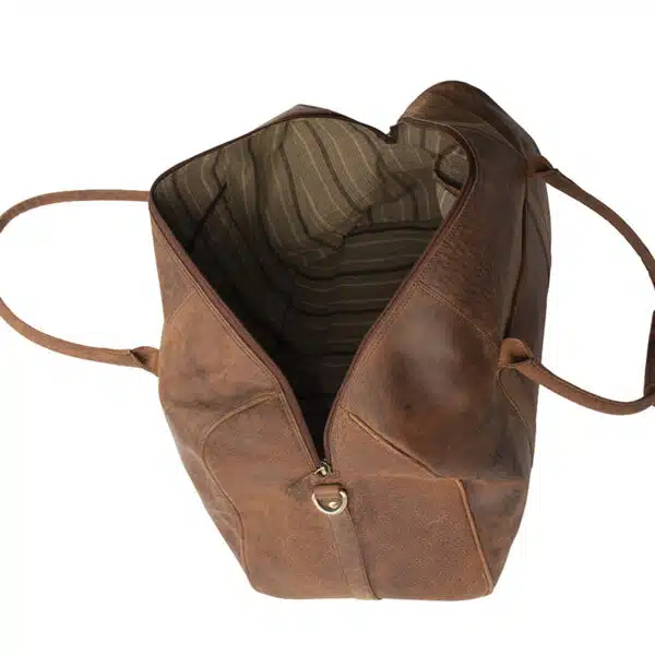 brown hunter leather travel holdall inside view