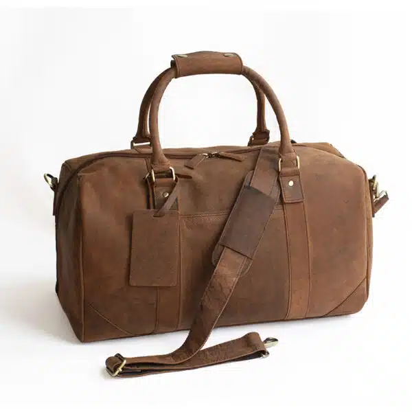 image of a brown hunter leather duffle holdall front view