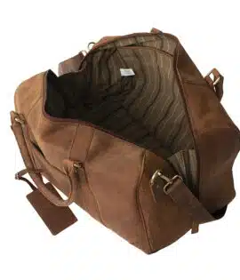 Brown hunter leather travel holdall inside view