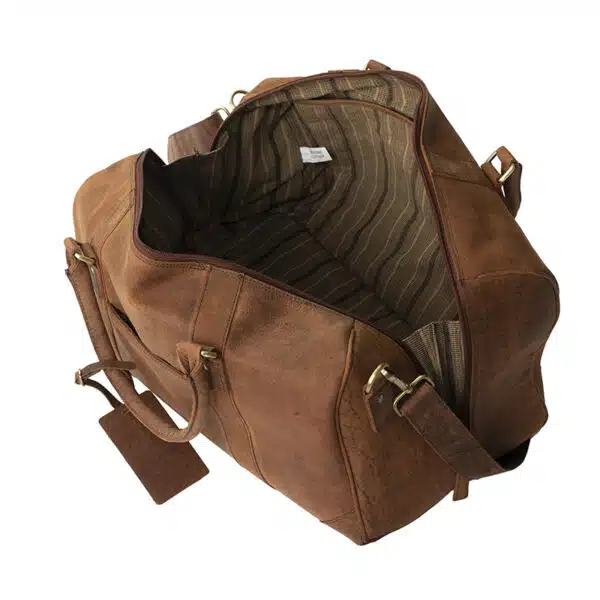 Brown hunter leather travel holdall inside view