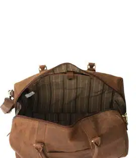 Brown hunter leather travel holdall inside view of padded large pocket