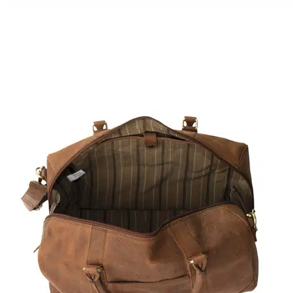 Brown hunter leather travel holdall inside view of padded large pocket